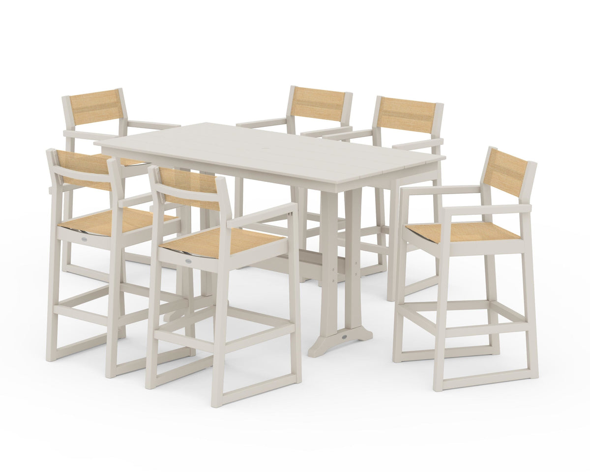 POLYWOOD EDGE Sling Arm Chair 7-Piece Farmhouse Bar Set with Trestle Legs in Sand / Dupioni Apricot