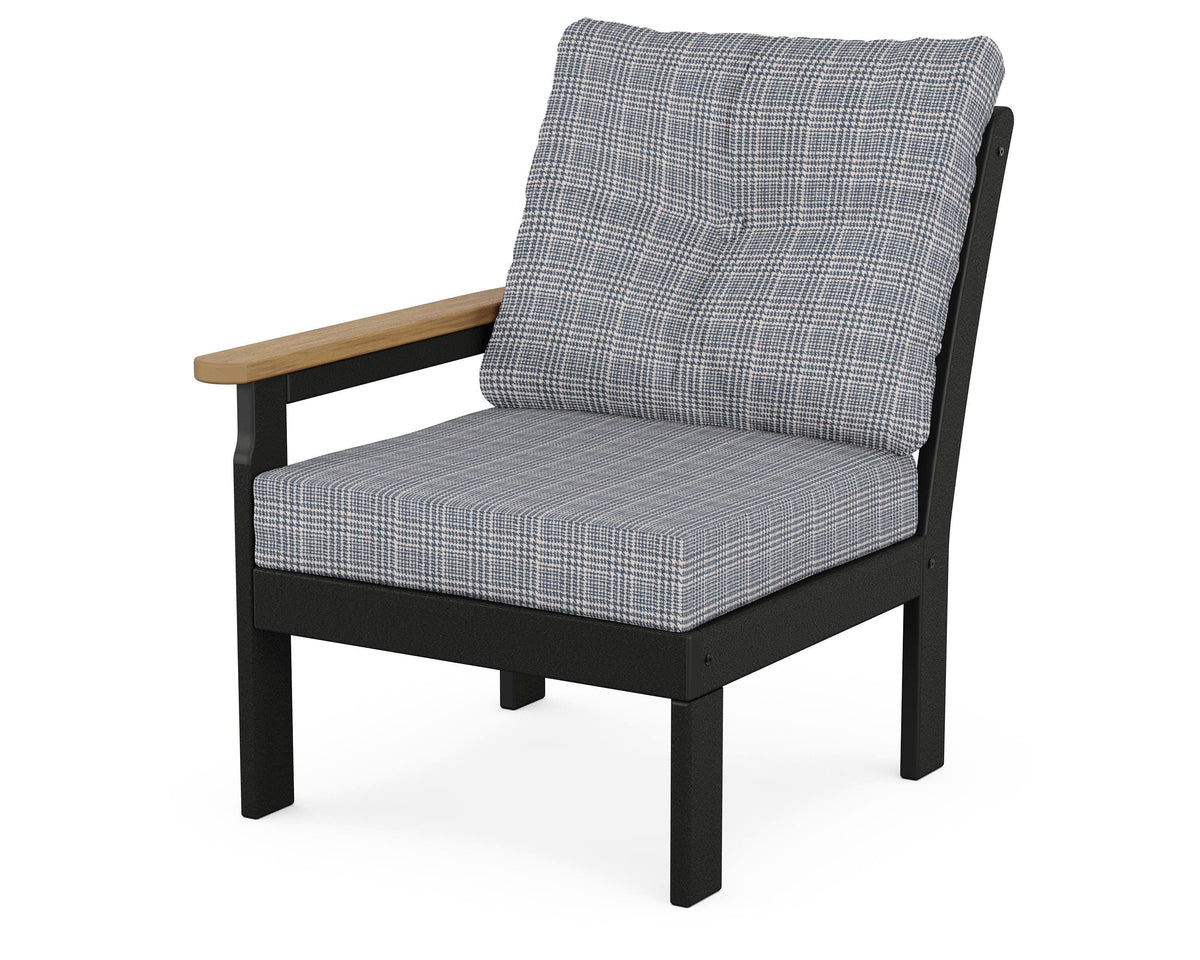 POLYWOOD Vineyard Modular Left Arm Chair in Black / Natural / Houndstooth Sky Blue