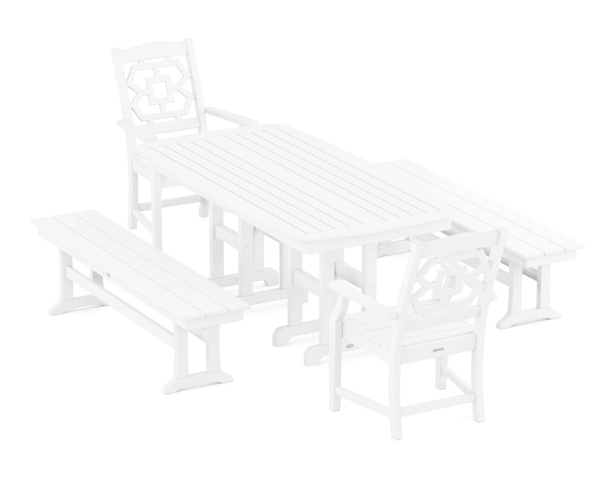 POLYWOOD Chinoiserie 5-Piece Dining Set with Benches in White