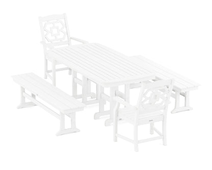 POLYWOOD Chinoiserie 5-Piece Dining Set with Benches in White