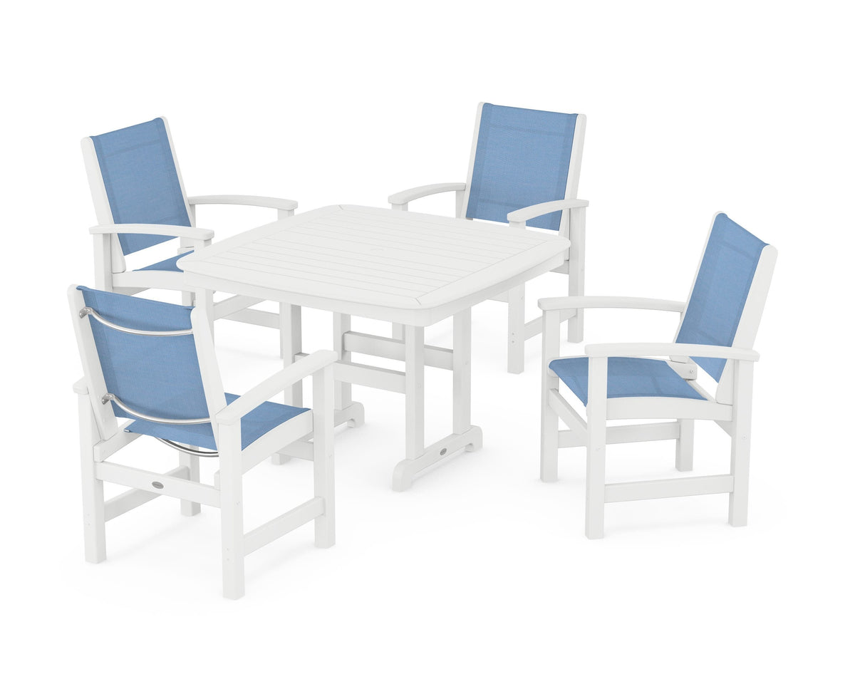 POLYWOOD Coastal 5-Piece Dining Set with Nautical 44" Dining Table in White / Poolside