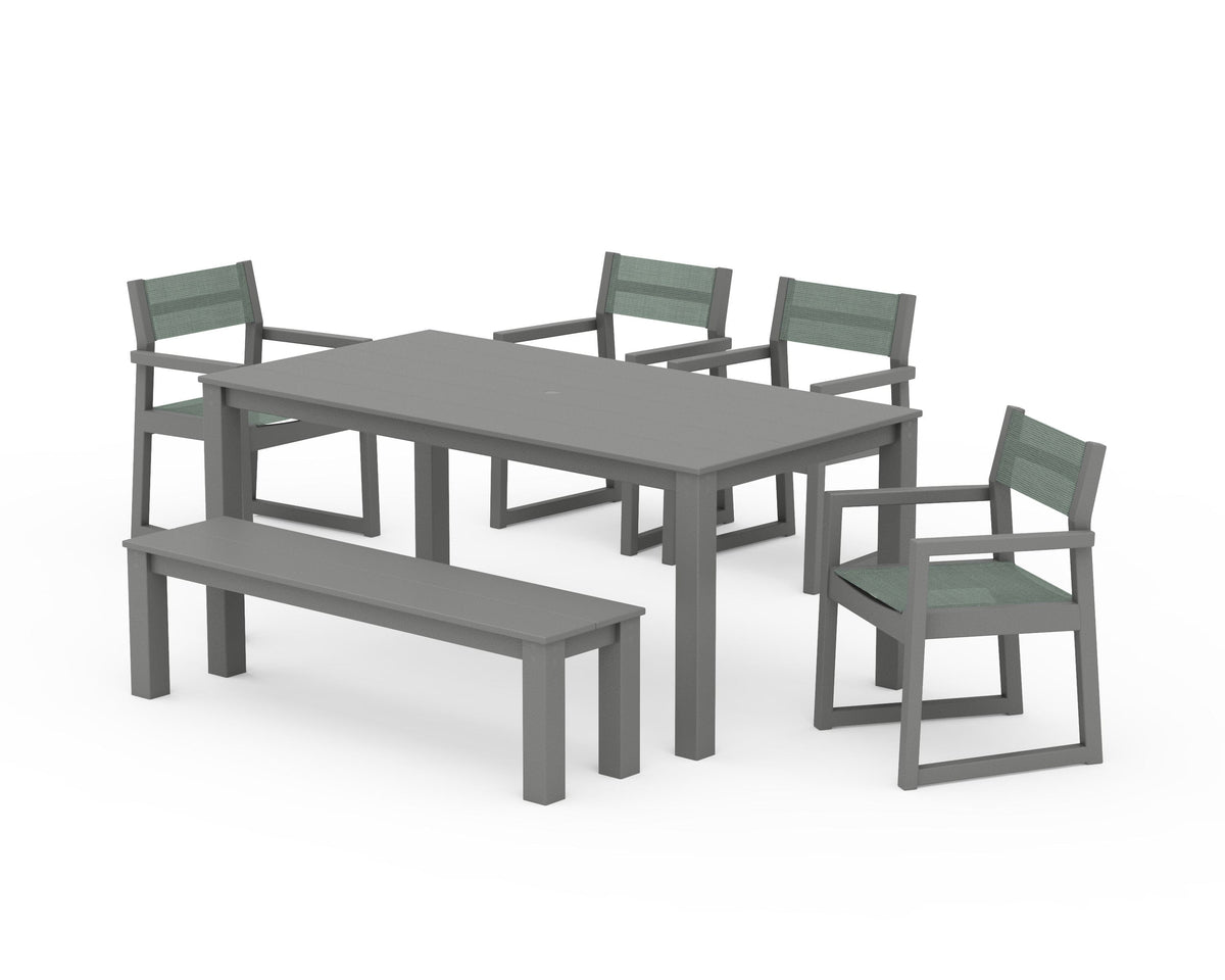 POLYWOOD EDGE Sling Arm Chair 6-Piece Parsons Dining Set with Bench in Slate Grey / Dupioni Sea Mist