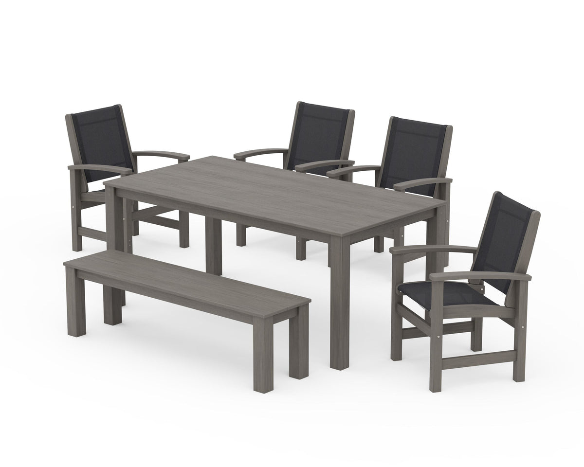 POLYWOOD Coastal 6-Piece Parsons Dining Set with Bench in Driftwood / Black