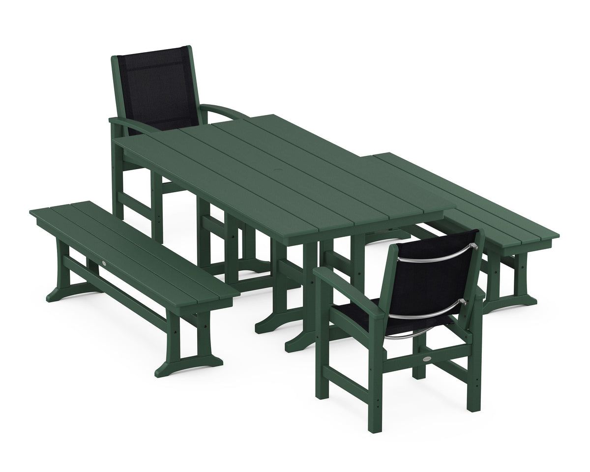 POLYWOOD Coastal 5-Piece Farmhouse Dining Set with Farmhouse 37" x 72" Dining Table in Green / Black