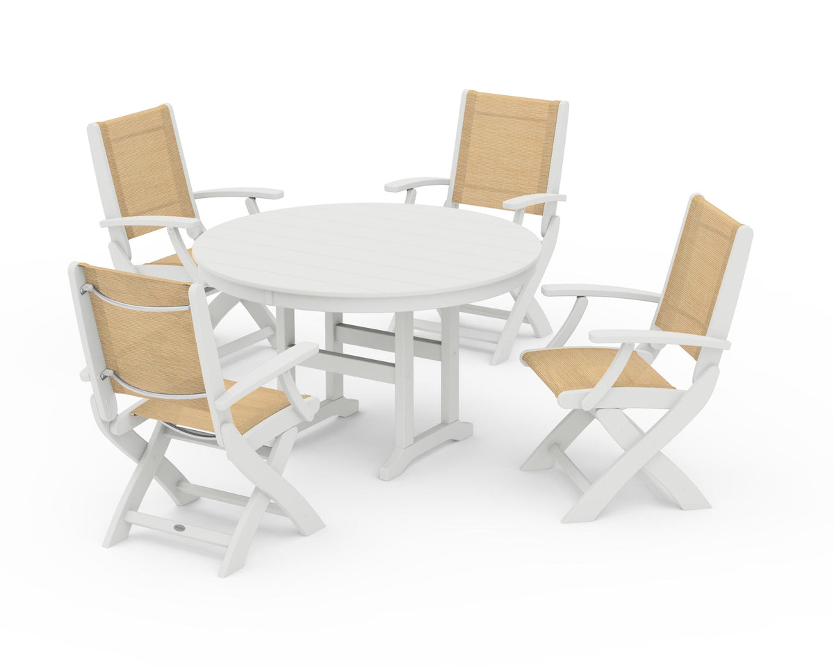 POLYWOOD Coastal Folding Chair 5-Piece Round Dining Set in Vintage White / Dupioni Apricot