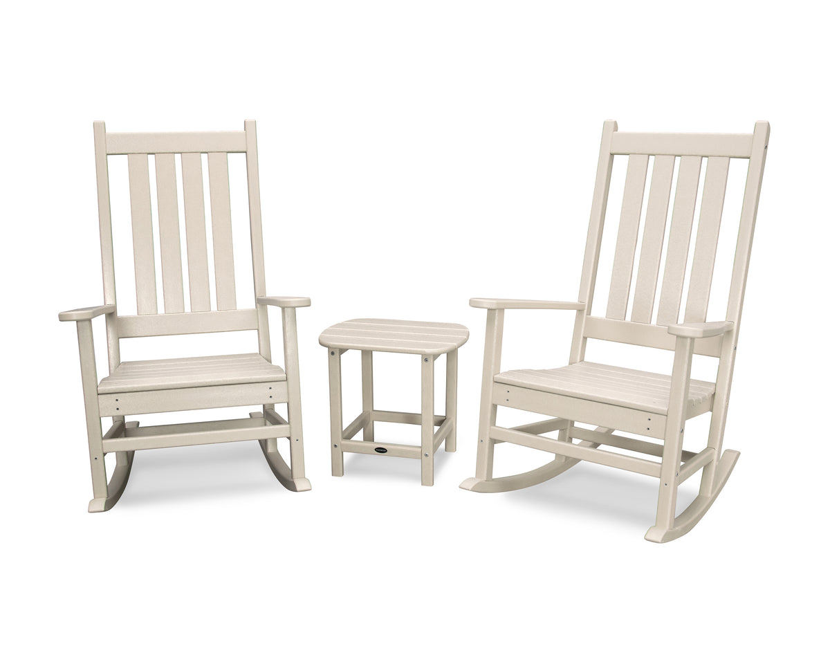 POLYWOOD Vineyard 3-Piece Rocking Chair Set with South Beach 18" Side Table in Sand
