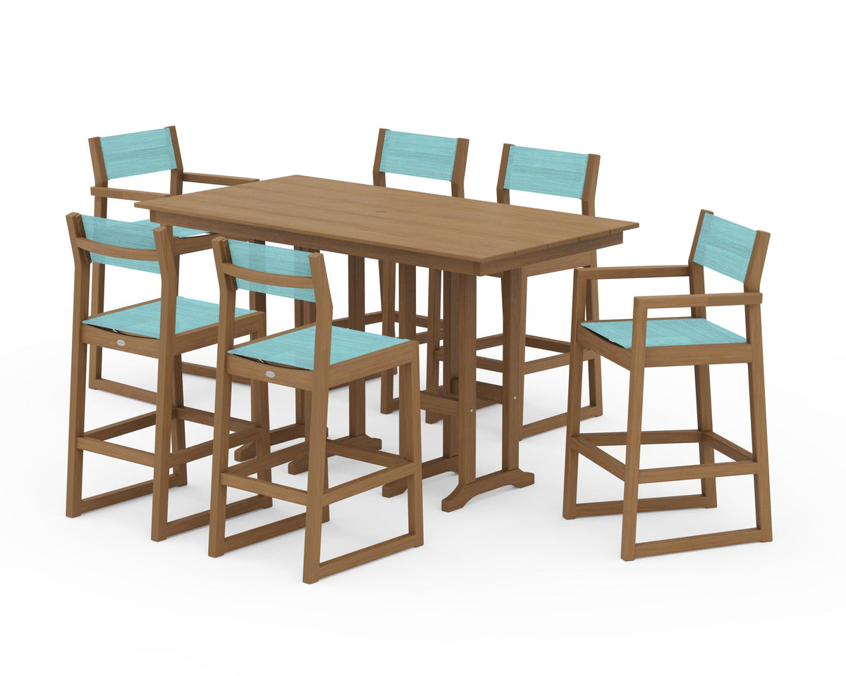 POLYWOOD EDGE Sling 7-Piece Farmhouse Bar Set in Natural / Dupioni Aquamarine