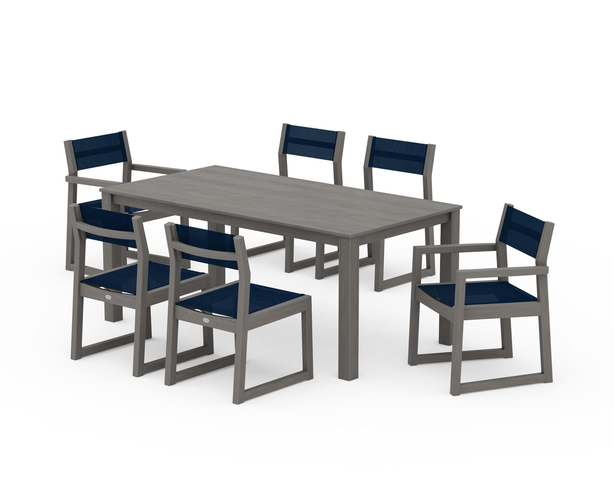 POLYWOOD EDGE Sling 7-Piece Parsons Dining Set in Driftwood / Navy Blue