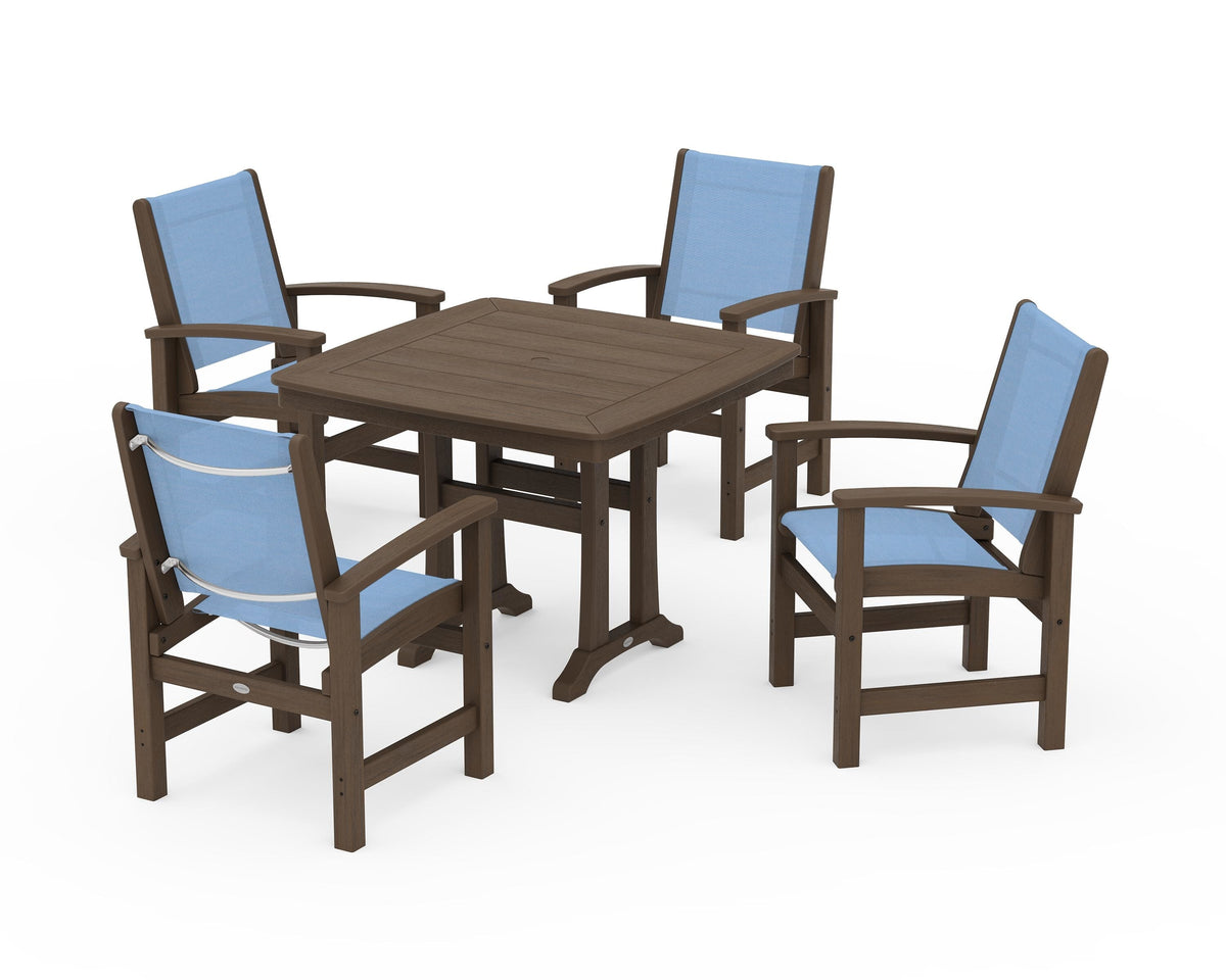 POLYWOOD Coastal 5-Piece Dining Set with Trestle Legs with Nautical Trestle 37" Dining Table in Kona / Poolside