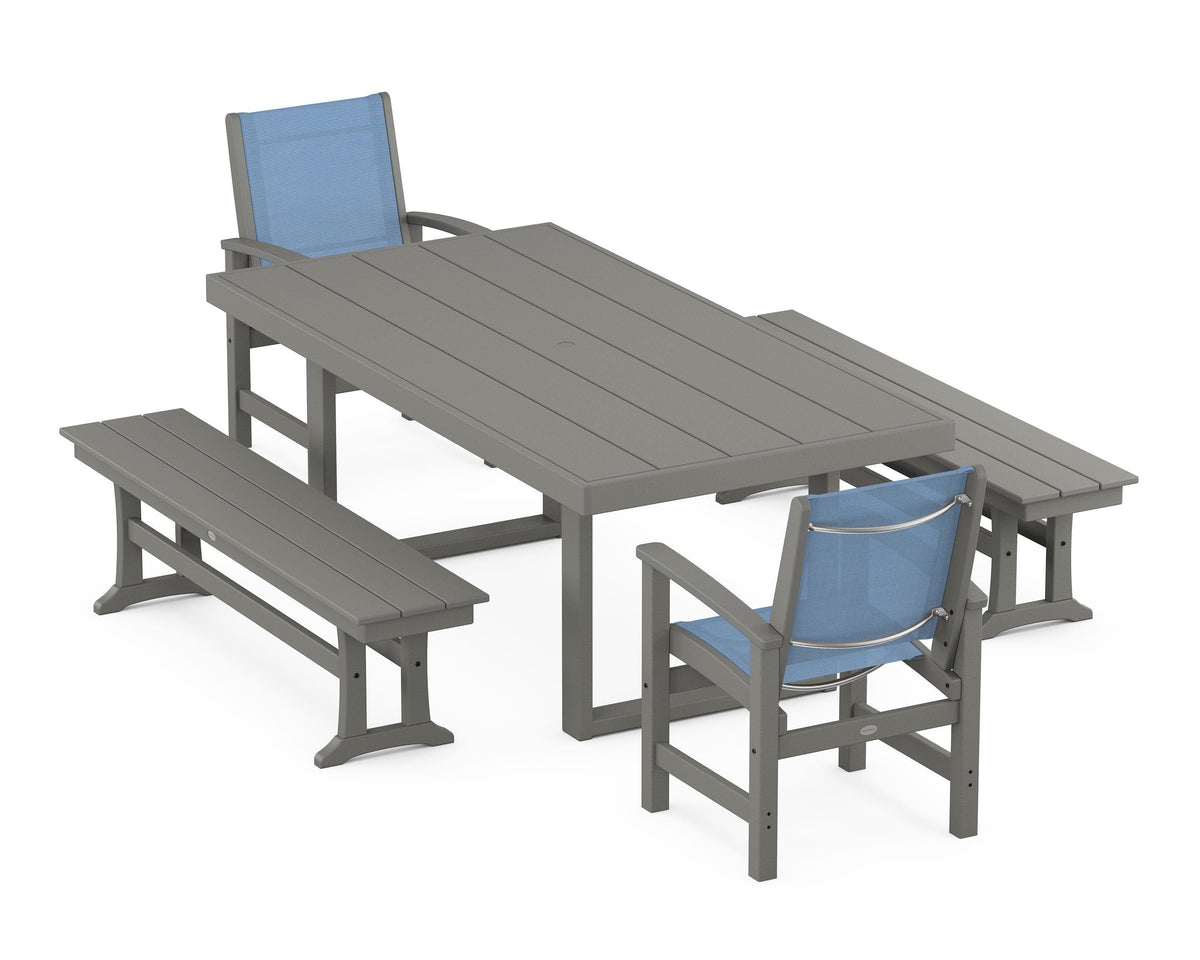 POLYWOOD Coastal 5-Piece Dining Set with Trestle Legs with EDGE 40" x 78" Dining Table in Slate Grey / Poolside
