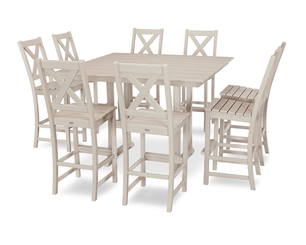 POLYWOOD Braxton 9-Piece Farmhouse Trestle Bar Set in Sand