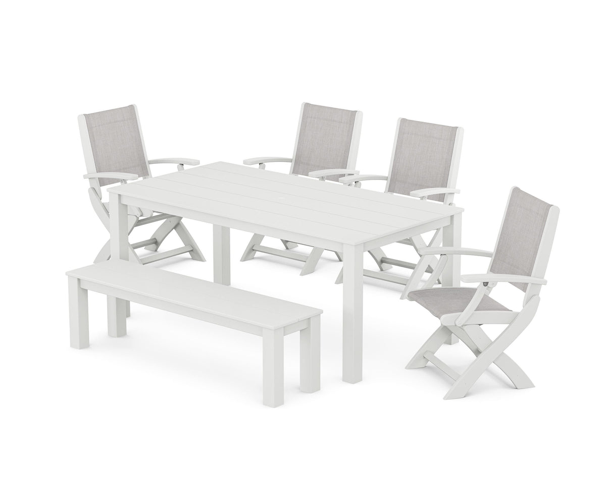 POLYWOOD Coastal Folding Chair 6-Piece Parsons Dining Set with Bench in White / Parchment