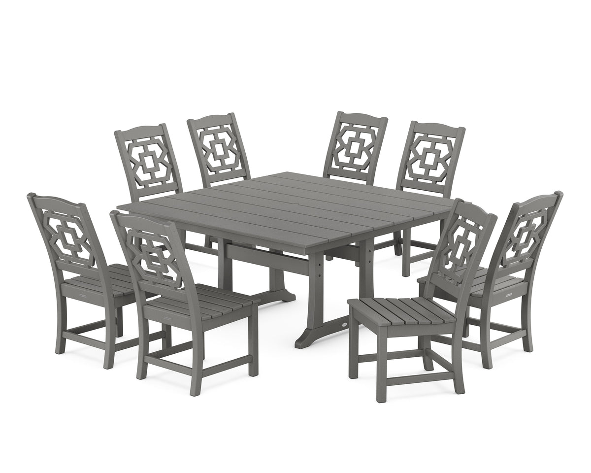POLYWOOD Chinoiserie 9-Piece Square Farmhouse Side Chair Dining Set with Trestle Legs in Slate Grey