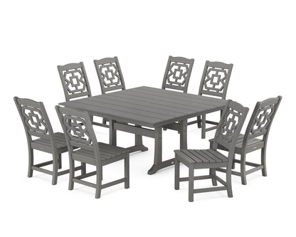 POLYWOOD Chinoiserie 9-Piece Square Farmhouse Side Chair Dining Set with Trestle Legs in Slate Grey