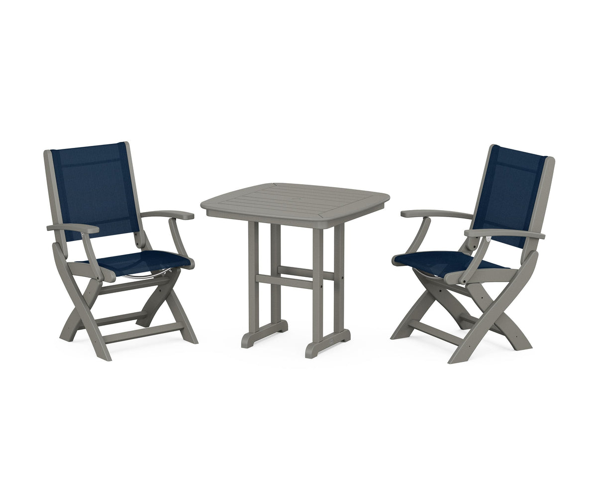 POLYWOOD Coastal Folding Chair 3-Piece Dining Set in Slate Grey / Navy Blue