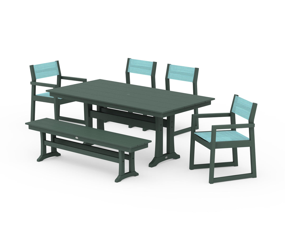 POLYWOOD EDGE Sling 6-Piece Farmhouse Dining Set With Trestle Legs in Green / Dupioni Aquamarine