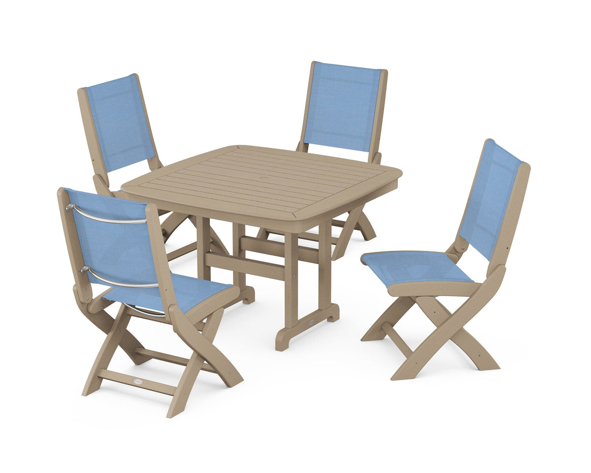 POLYWOOD Coastal Folding Side Chair 5-Piece Dining Set with Nautical 44" Dining Table in Vintage Sahara / Poolside