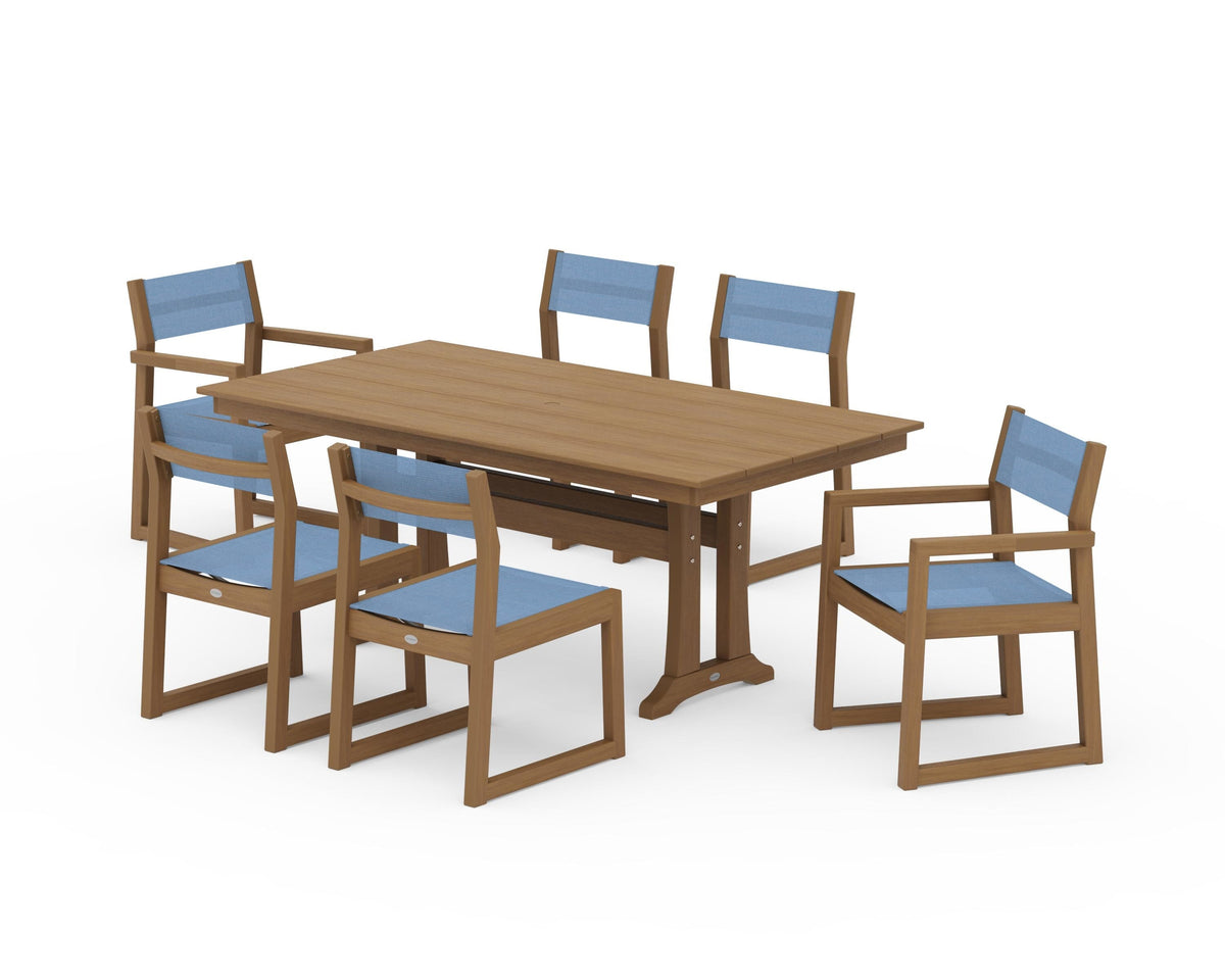 POLYWOOD EDGE Sling 7-Piece Farmhouse Trestle Dining Set in Natural / Poolside