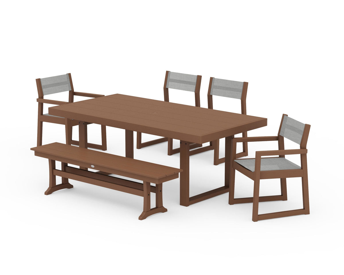 POLYWOOD EDGE Sling 6-Piece Dining Set with Bench in Teak / Metallic
