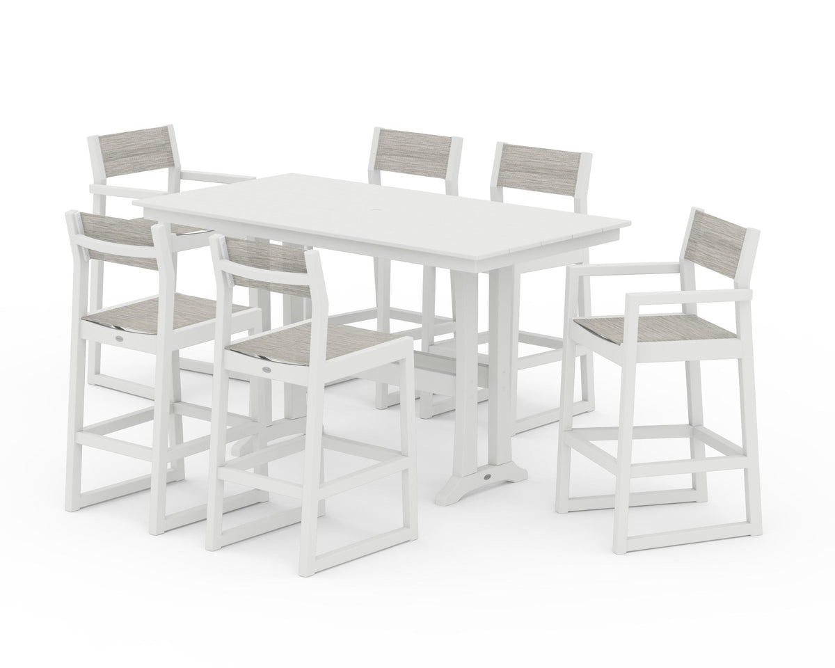 POLYWOOD EDGE Sling 7-Piece Farmhouse Bar Set with Trestle Legs in Vintage White / Birch