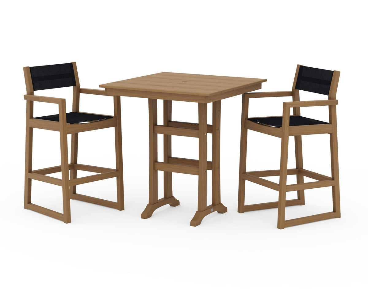 POLYWOOD EDGE Sling Arm Chair 3-Piece Farmhouse Bar Set with Trestle Legs in Natural / Black