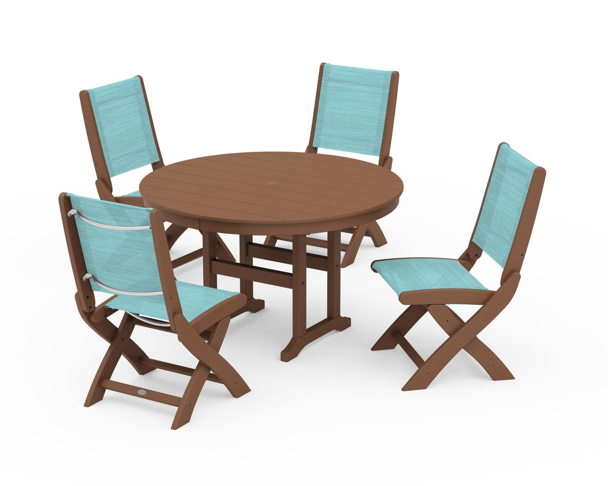 POLYWOOD Coastal Folding Side Chair 5-Piece Round Dining Set in Teak / Dupioni Aquamarine