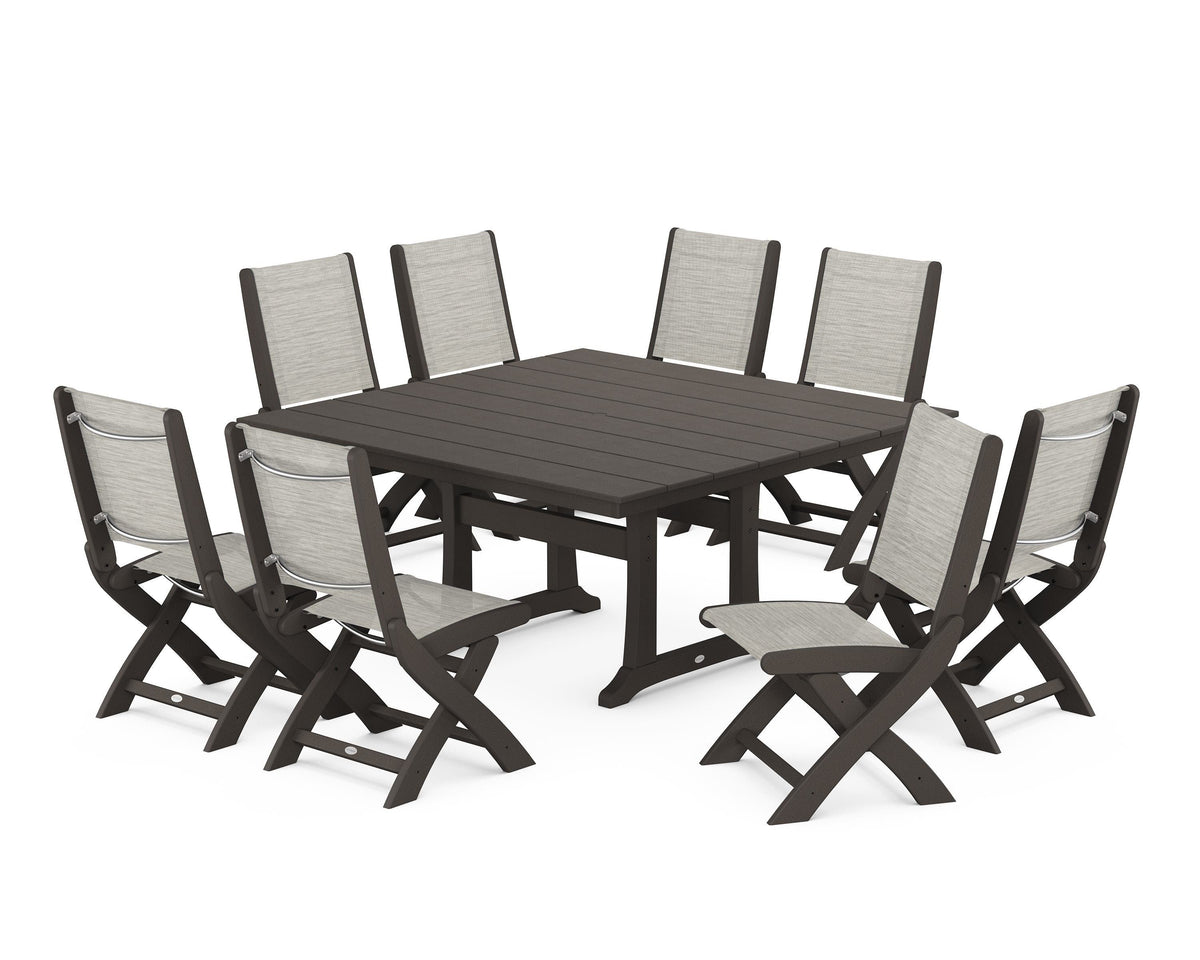 POLYWOOD Coastal Folding Side Chair 9-Piece Farmhouse Dining Set in Vintage Coffee / Birch