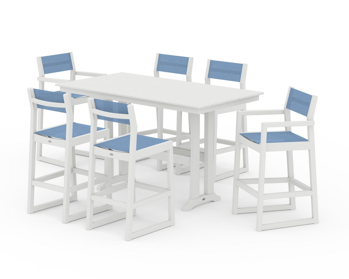 POLYWOOD EDGE Sling 7-Piece Farmhouse Bar Set with Trestle Legs in Vintage White / Poolside