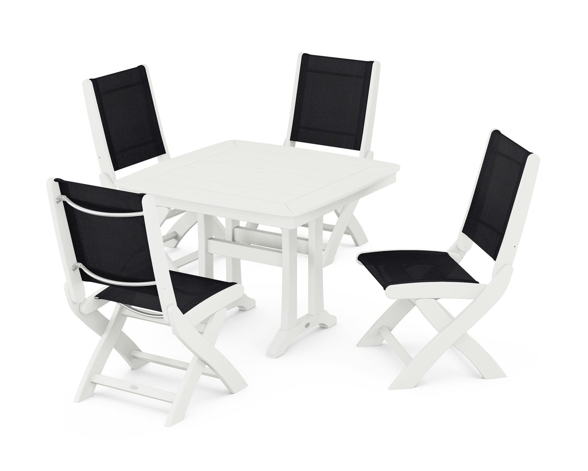 POLYWOOD Coastal Folding Side Chair 5-Piece Dining Set with Trestle Legs in Vintage White / Black