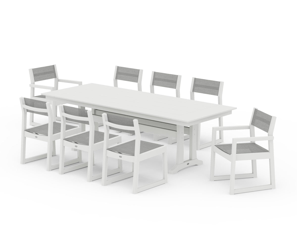 POLYWOOD EDGE Sling 9-Piece Farmhouse Trestle Dining Set in Vintage White / Metallic