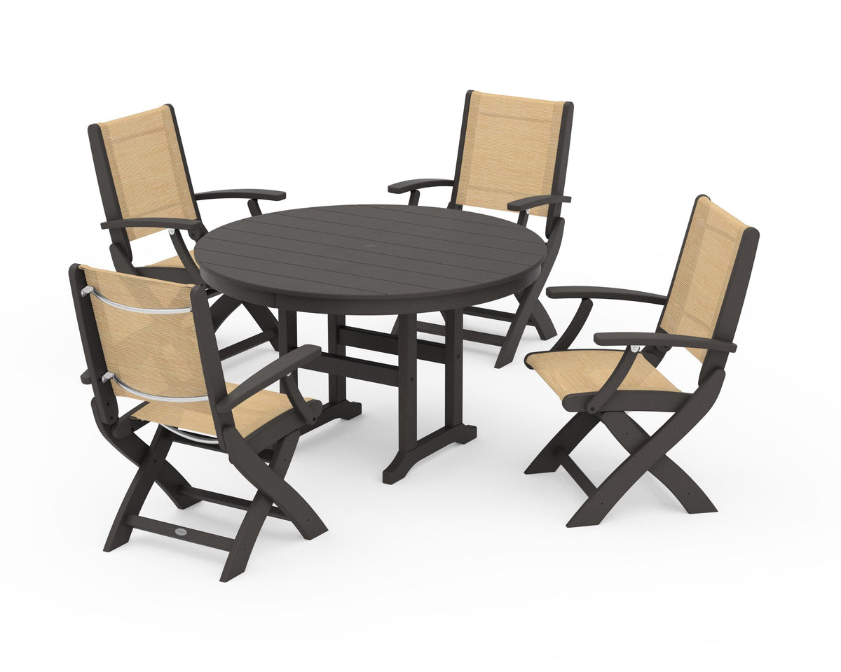 POLYWOOD Coastal Folding Chair 5-Piece Round Dining Set in Vintage Coffee / Dupioni Apricot