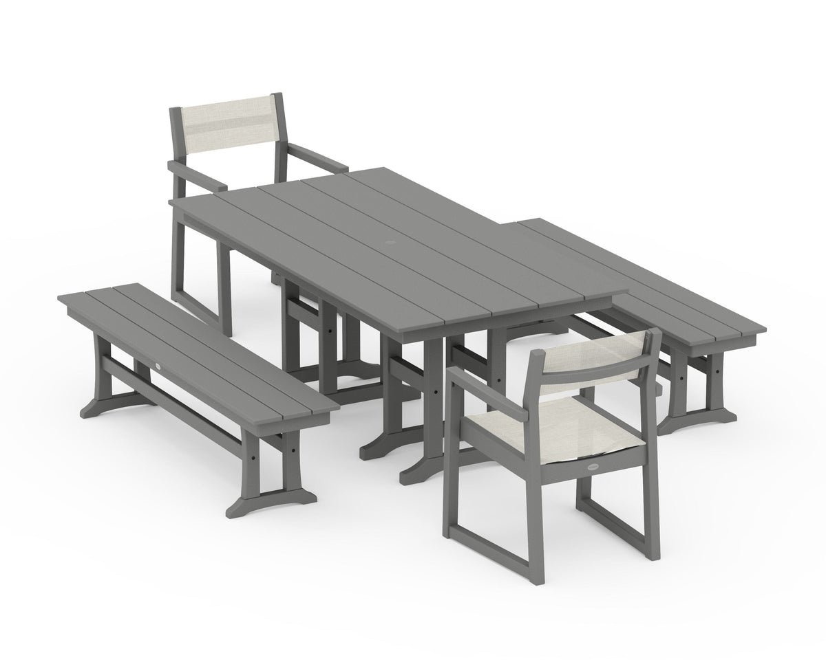 POLYWOOD EDGE Sling Arm Chair 5-Piece Farmhouse Dining Set with Benches in Slate Grey / Parchment