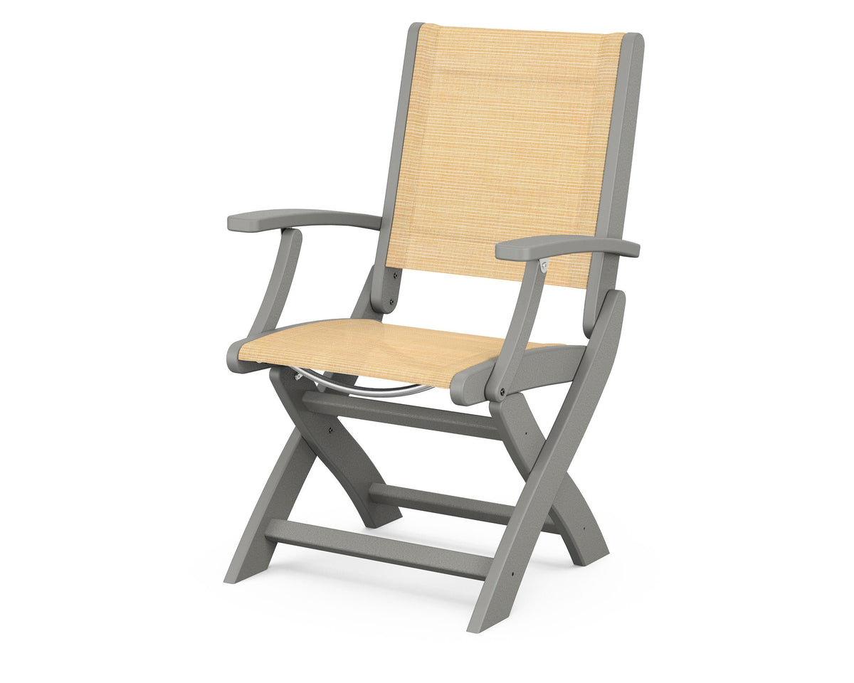 POLYWOOD Coastal Folding Chair in Slate Grey with Slate Grey arms and Dupioni Apricot sling
