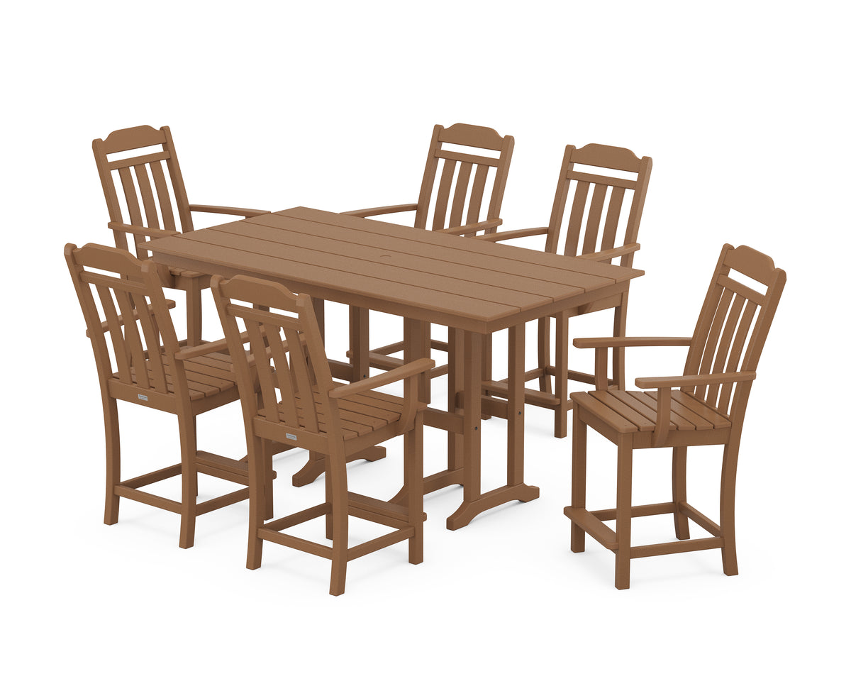 POLYWOOD Country Living Cottage Arm Chair 7-Piece Farmhouse Counter Set in Teak