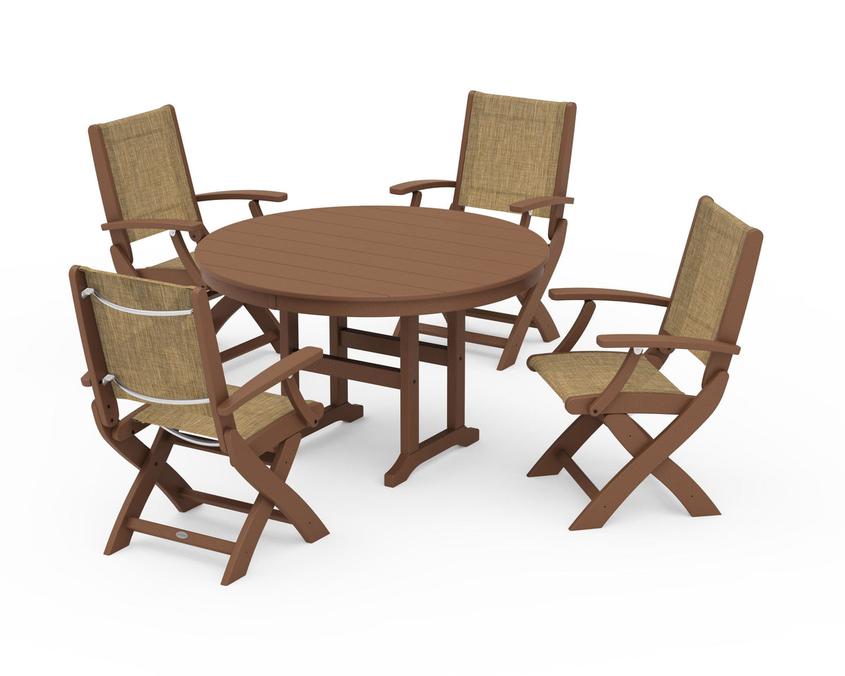 POLYWOOD Coastal Folding Chair 5-Piece Round Dining Set in Teak / Burlap