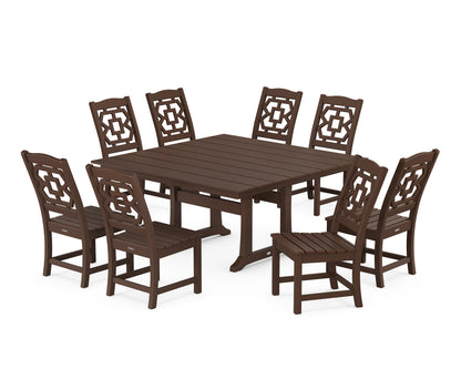 POLYWOOD Chinoiserie 9-Piece Square Farmhouse Side Chair Dining Set with Trestle Legs in Mahogany