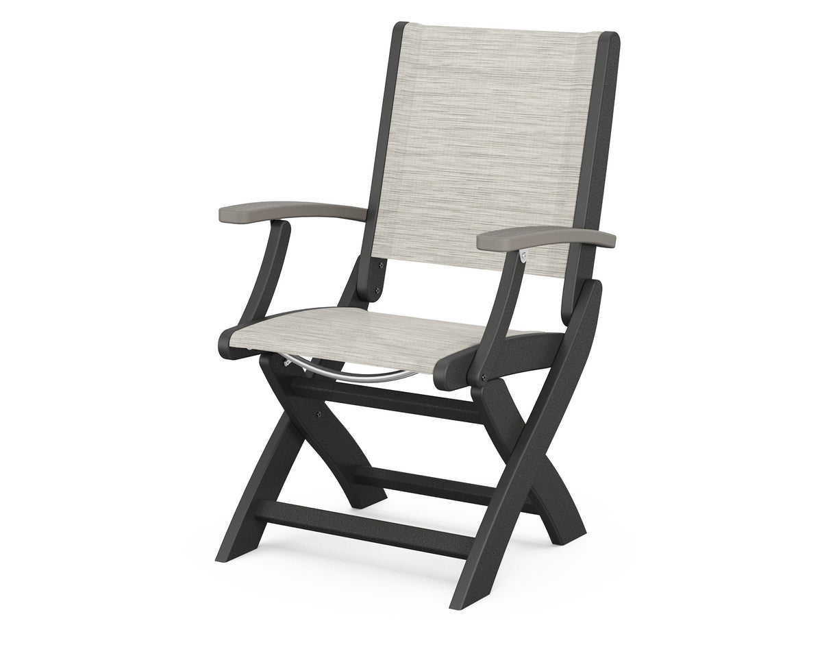 POLYWOOD Coastal Folding Chair in Black with Driftwood arms and Birch sling