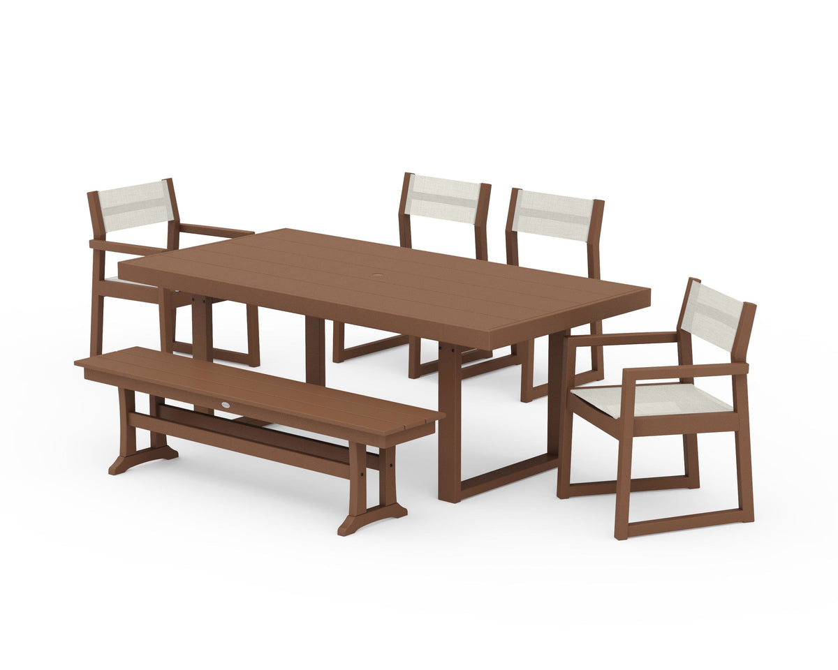 POLYWOOD EDGE Sling 6-Piece Dining Set with Bench in Teak / Parchment