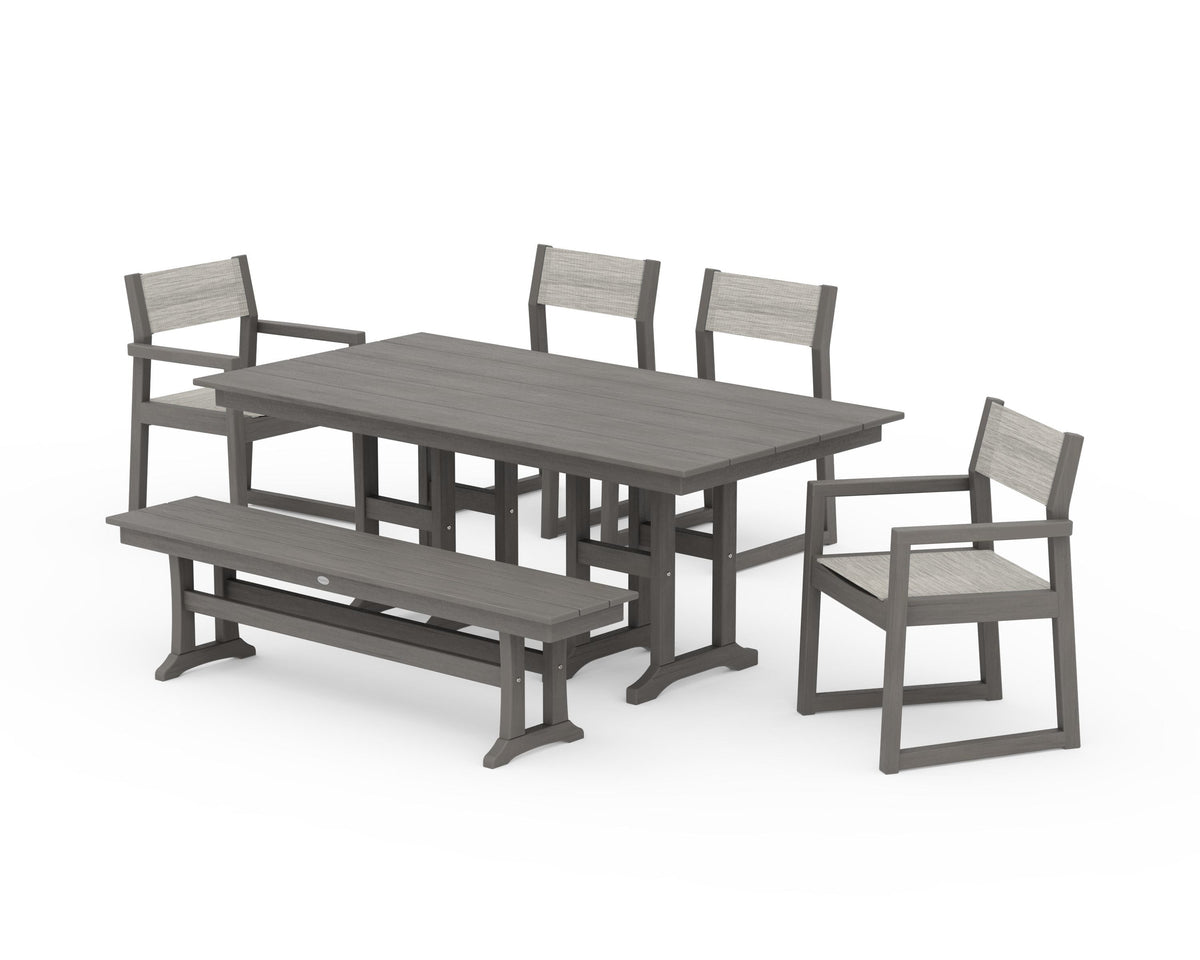 POLYWOOD EDGE Sling 6-Piece Farmhouse Dining Set in Driftwood / Birch