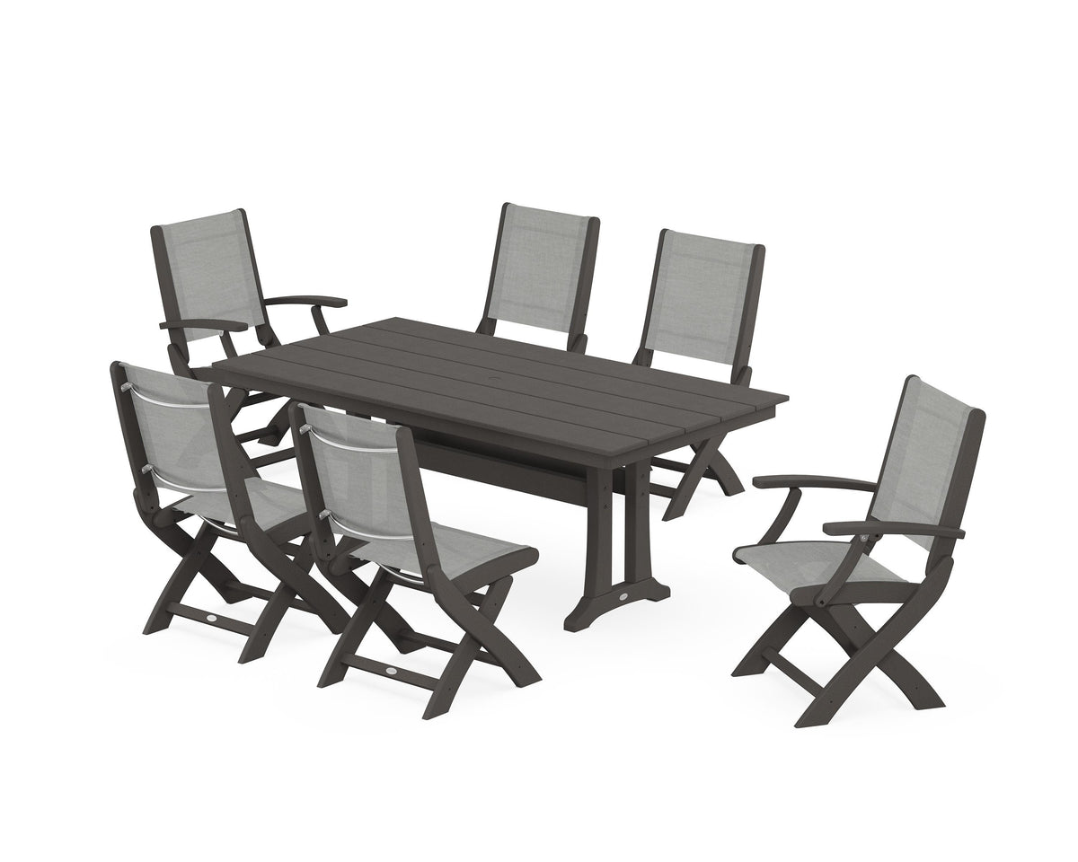 POLYWOOD Coastal Folding Chair 7-Piece Farmhouse Dining Set with Trestle Legs in Vintage Coffee / Metallic