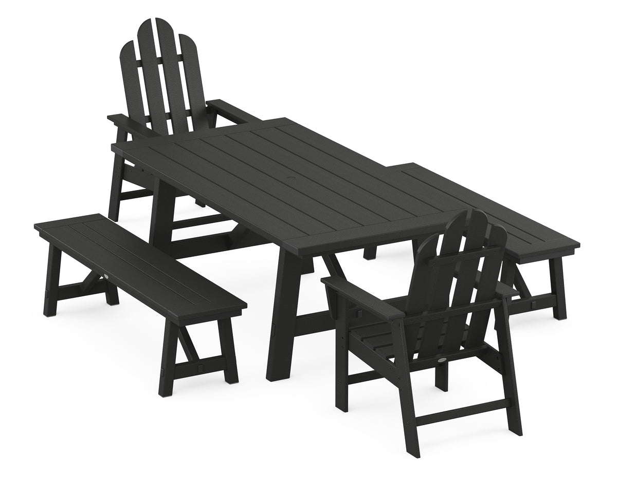 POLYWOOD Long Island 5-Piece Rustic Farmhouse Dining Set with Benches in Black