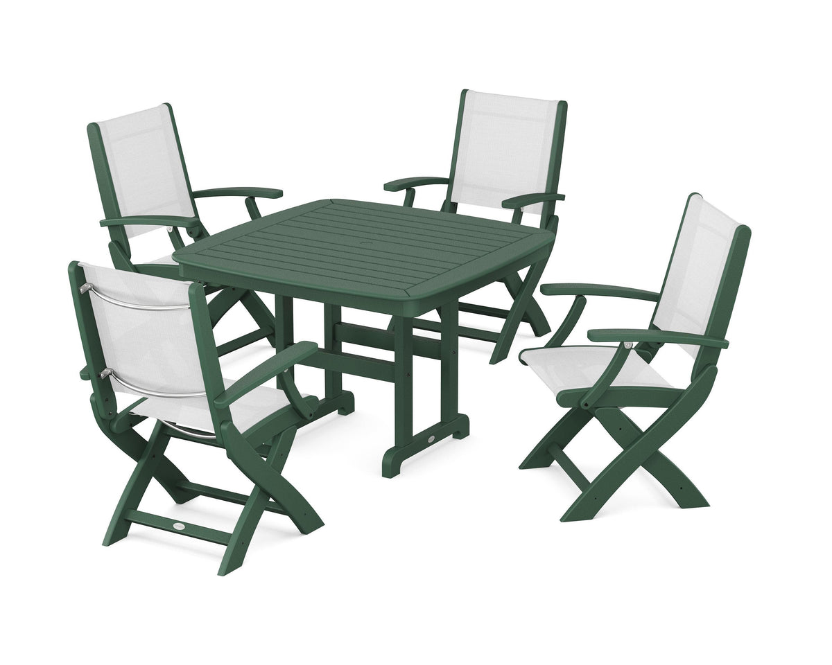POLYWOOD Coastal Folding Chair 5-Piece Dining Set with Nautical 44" Dining Table in Green / White