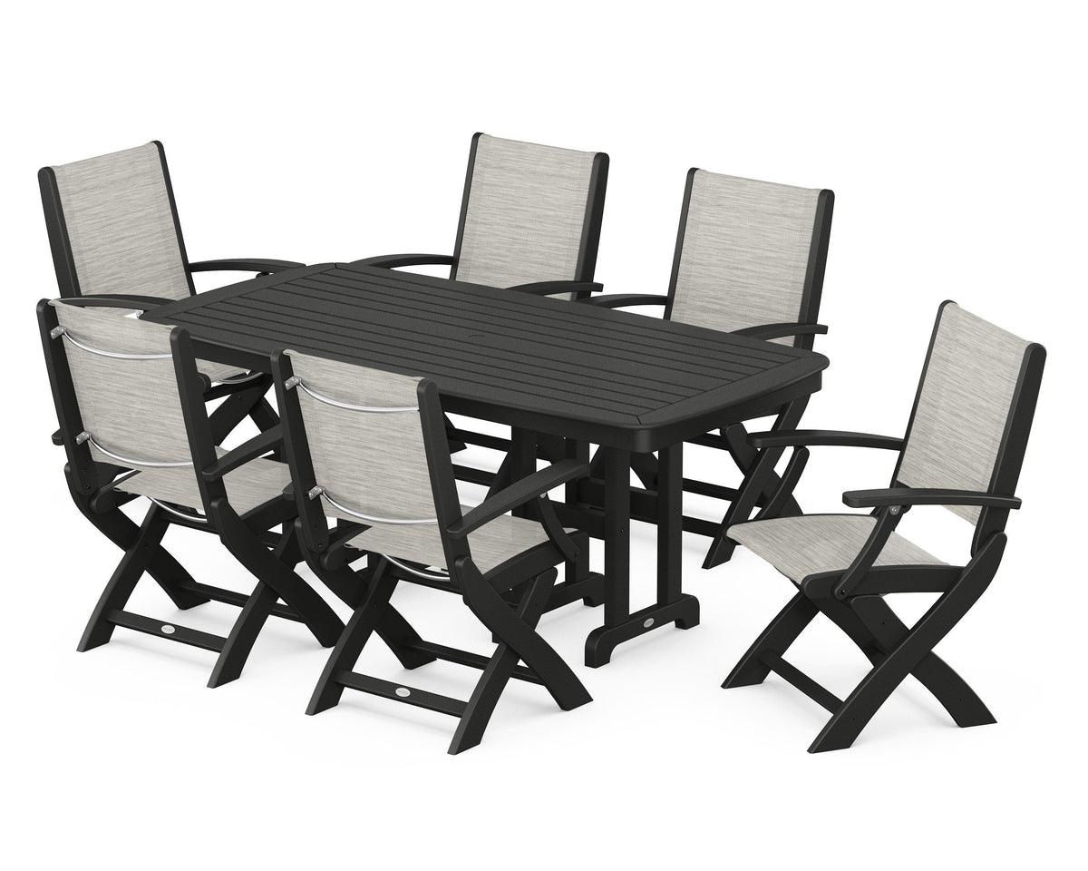 POLYWOOD Coastal Folding Arm Chair 7-Piece Dining Set in Black / Birch