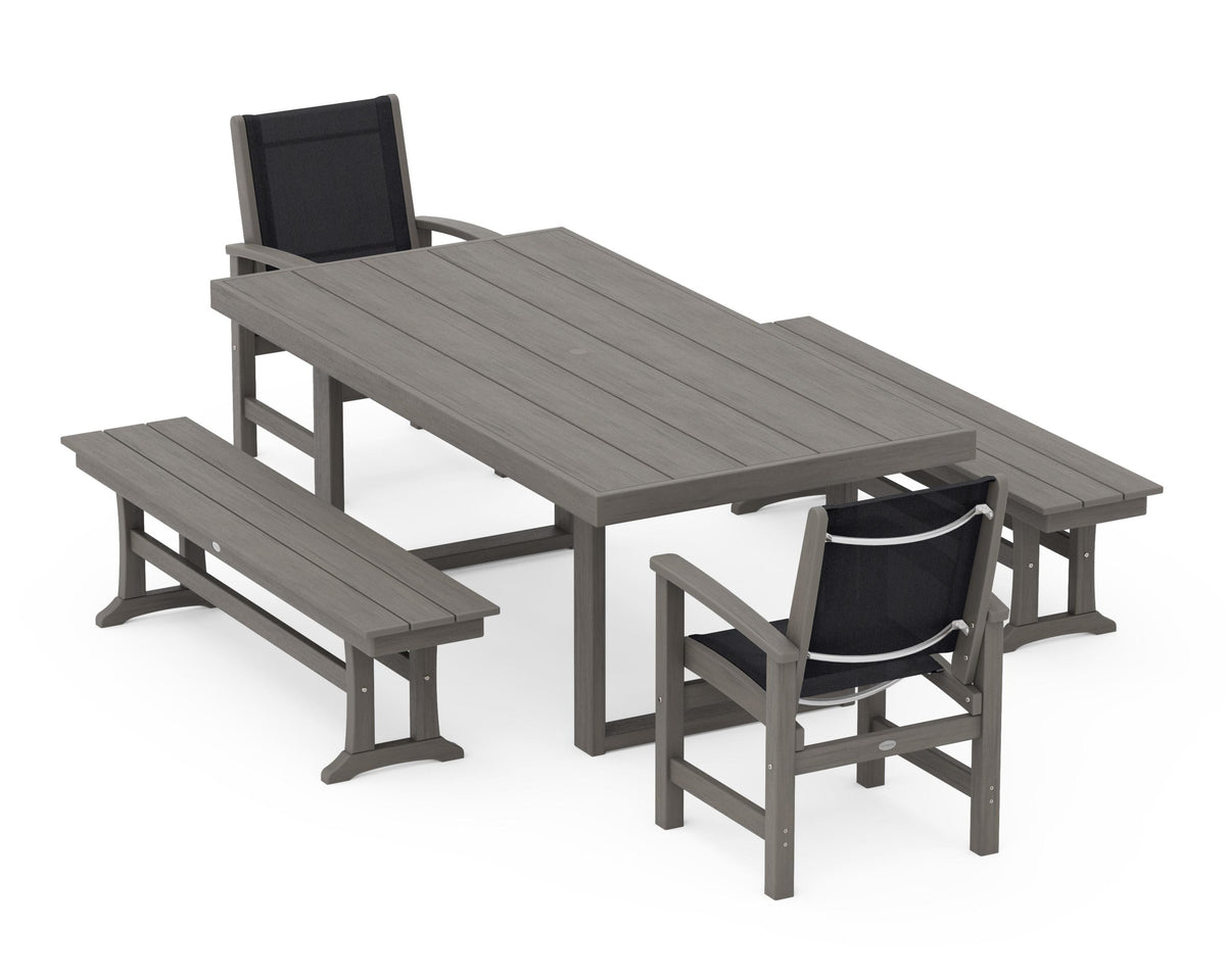 POLYWOOD Coastal 5-Piece Dining Set with Trestle Legs with EDGE 40" x 78" Dining Table in Driftwood / Black