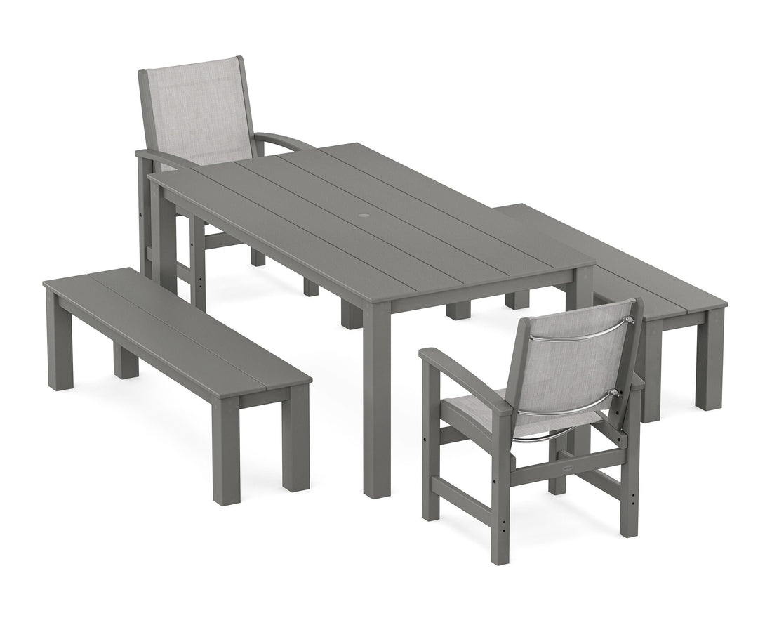 POLYWOOD Coastal 5-Piece Parsons Dining Set with Benches in Slate Grey / Black
