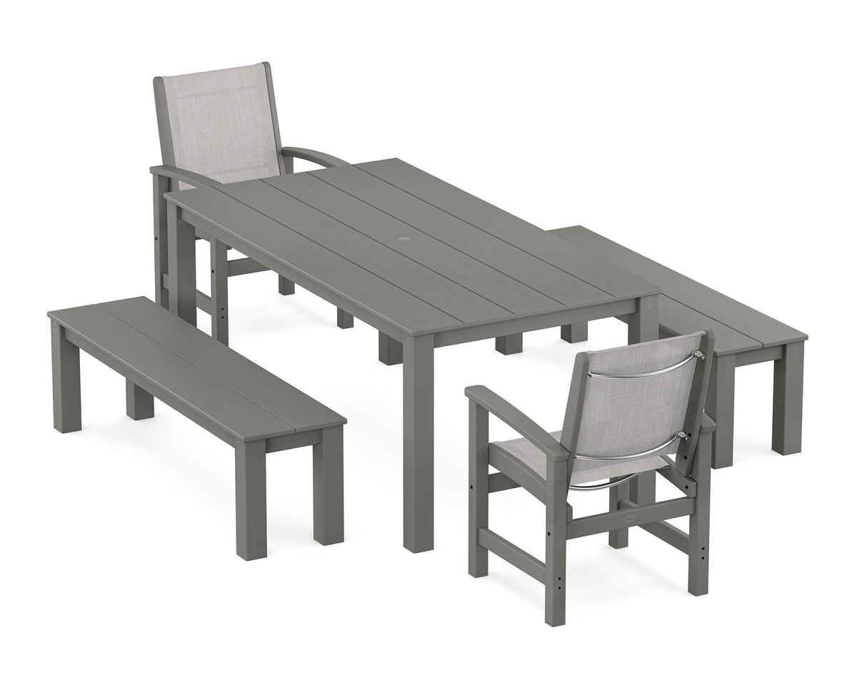 POLYWOOD Coastal 5-Piece Parsons Dining Set with Benches in Slate Grey / Black