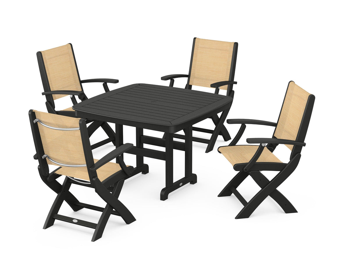 POLYWOOD Coastal Folding Chair 5-Piece Dining Set with Nautical 44" Dining Table in Black / Dupioni Apricot