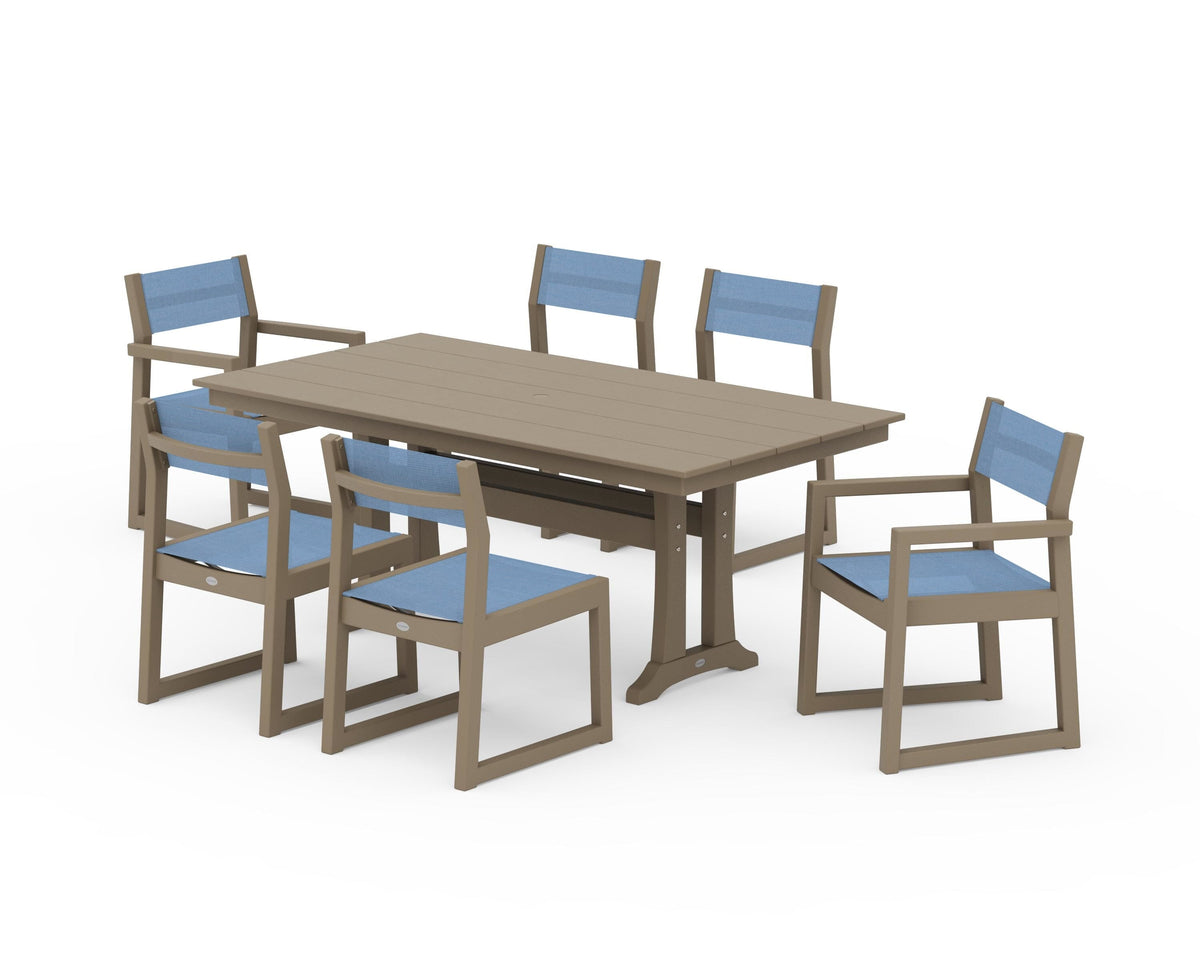 POLYWOOD EDGE Sling 7-Piece Farmhouse Trestle Dining Set in Vintage Sahara / Poolside