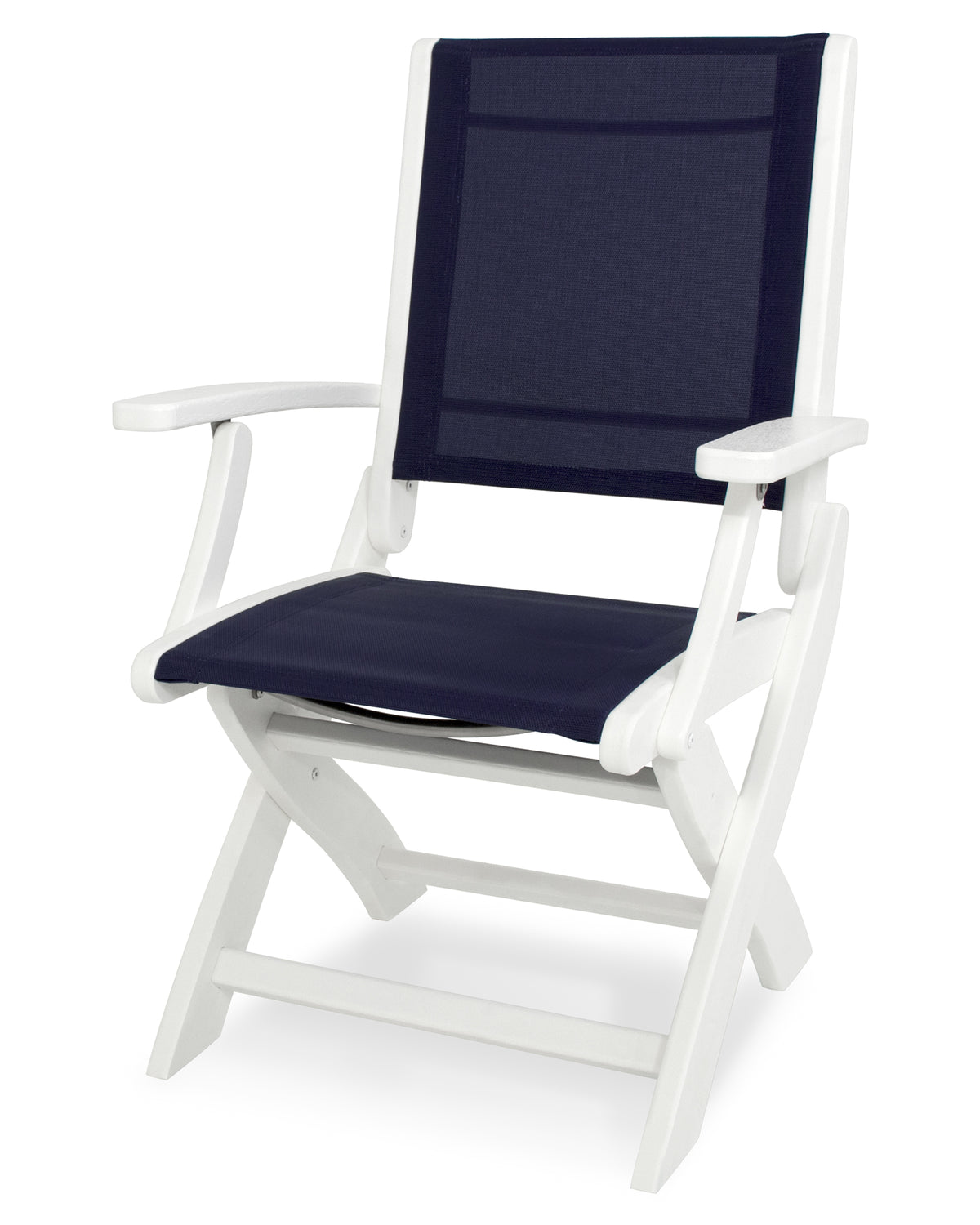 POLYWOOD Coastal Folding Chair in White with White arms and Navy Blue sling