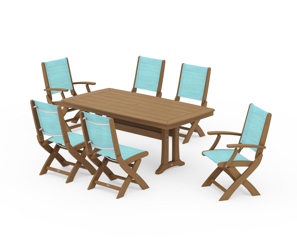 POLYWOOD Coastal Folding Chair 7-Piece Dining Set with Trestle Legs with Nautical Trestle 38" x 73" Dining Table in Natural / Dupioni Aquamarine